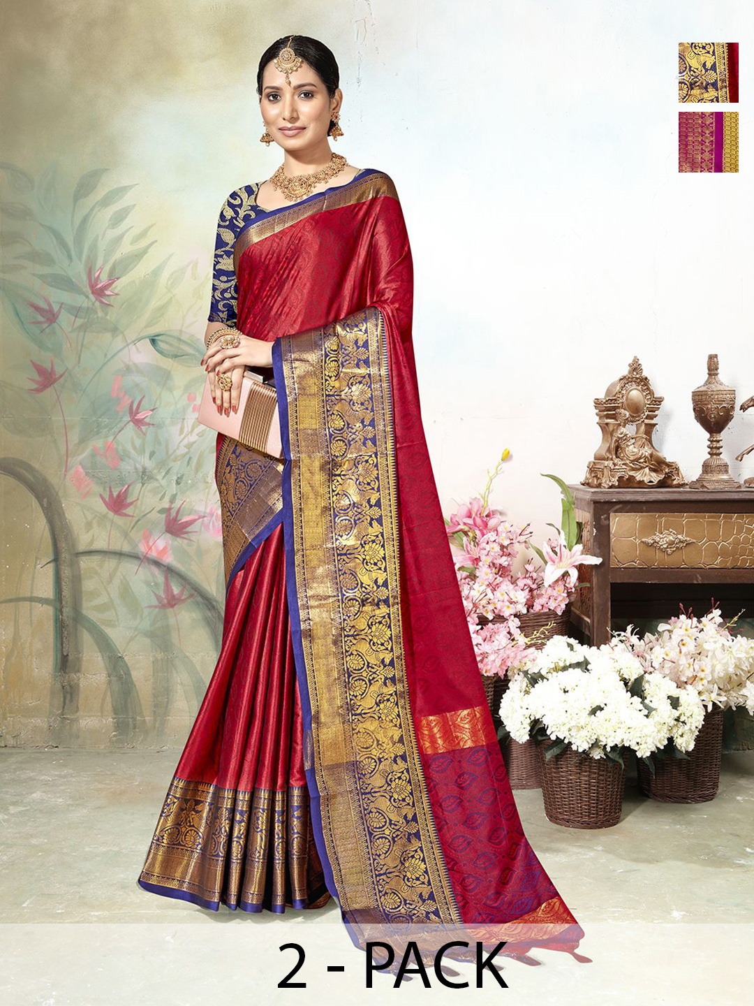 

Anouk Rustic Pack of 2 Woven Design Zari Banarasi Saree, Yellow