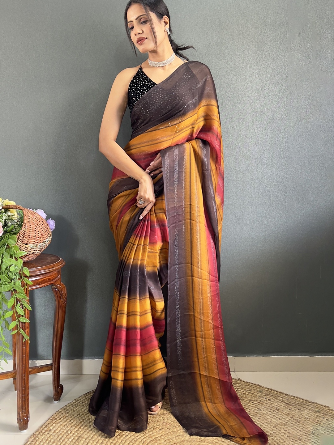 

Moda Rapido Striped Sequinned Pure Georgette Saree, Mustard