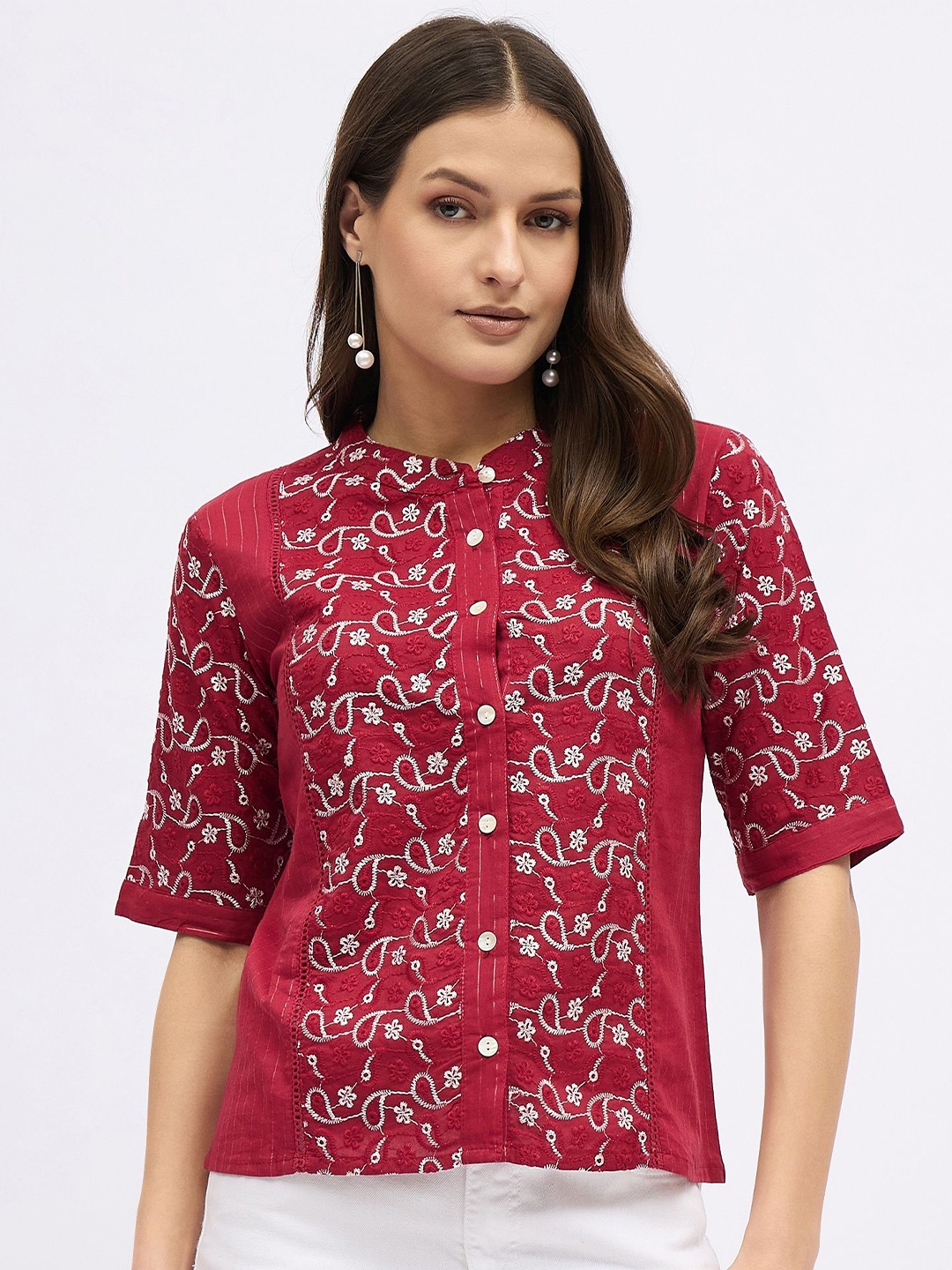 

DressBerry Embroidered Mandarin Collar Cotton Schiffli Shirt Style Top, Maroon