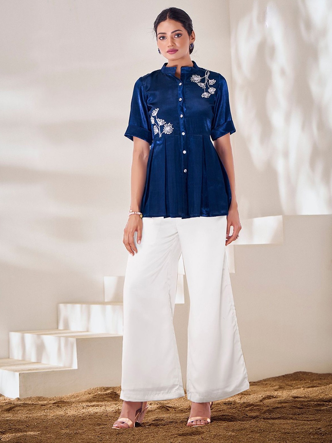 

ODETTE Women Blue Silk Blend Embroidered Top