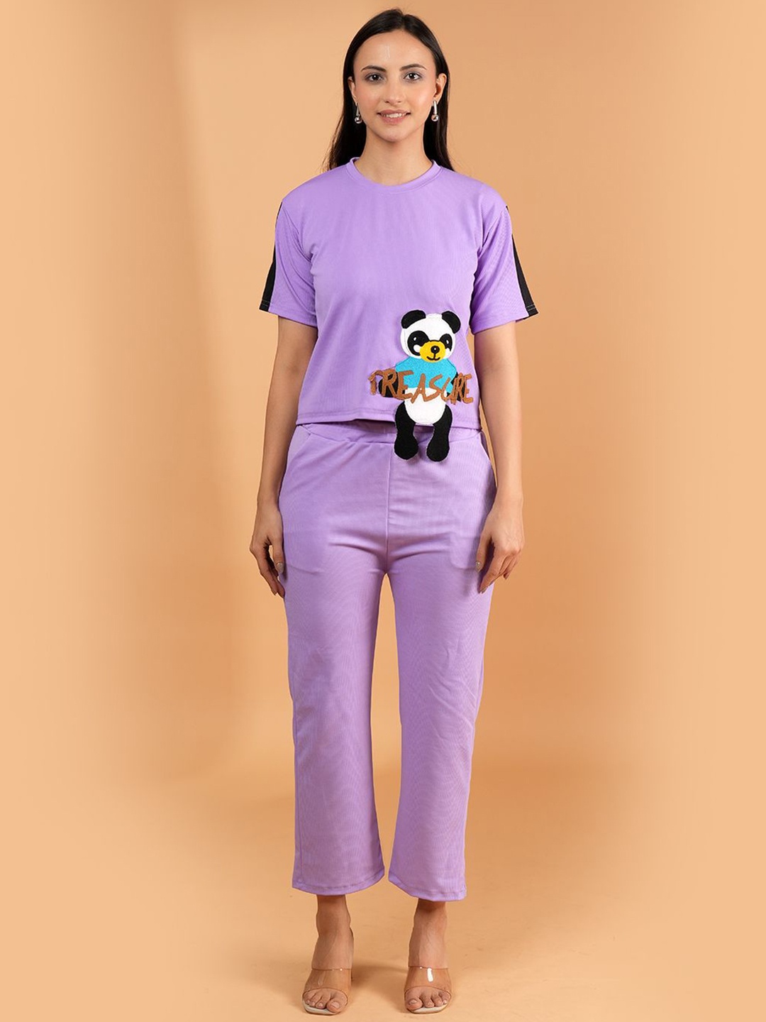 

BAESD Quirky Embroidered Round Neck T-shirt With Trousers, Purple