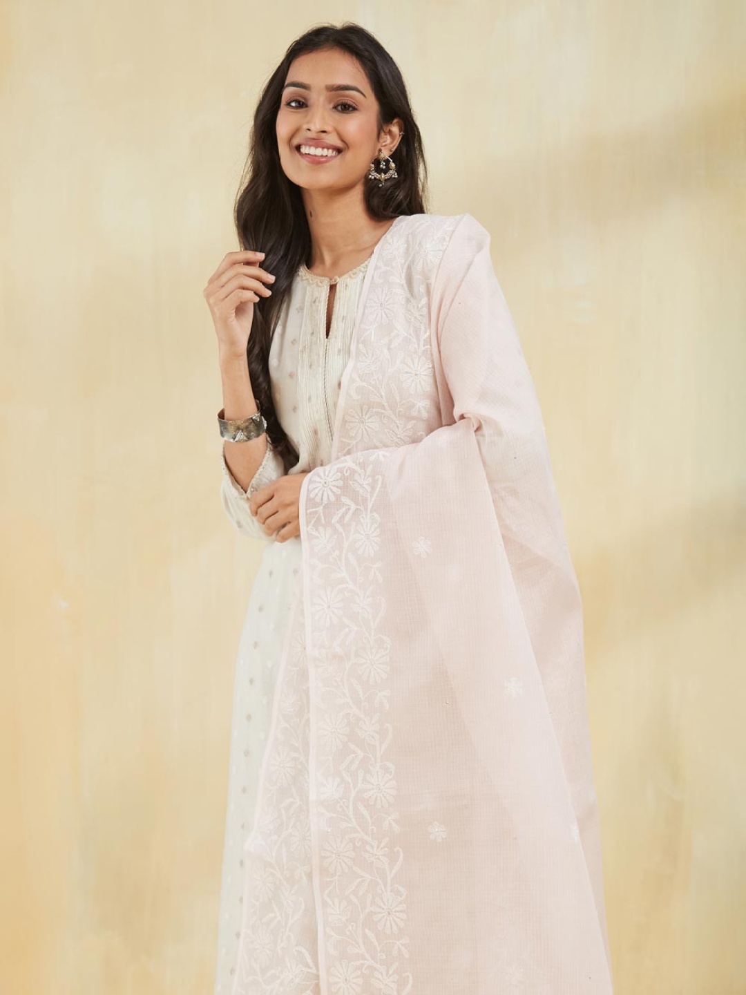 

Fabindia Floral Embroidered Cotton Silk Dupatta With Chikankari, Peach