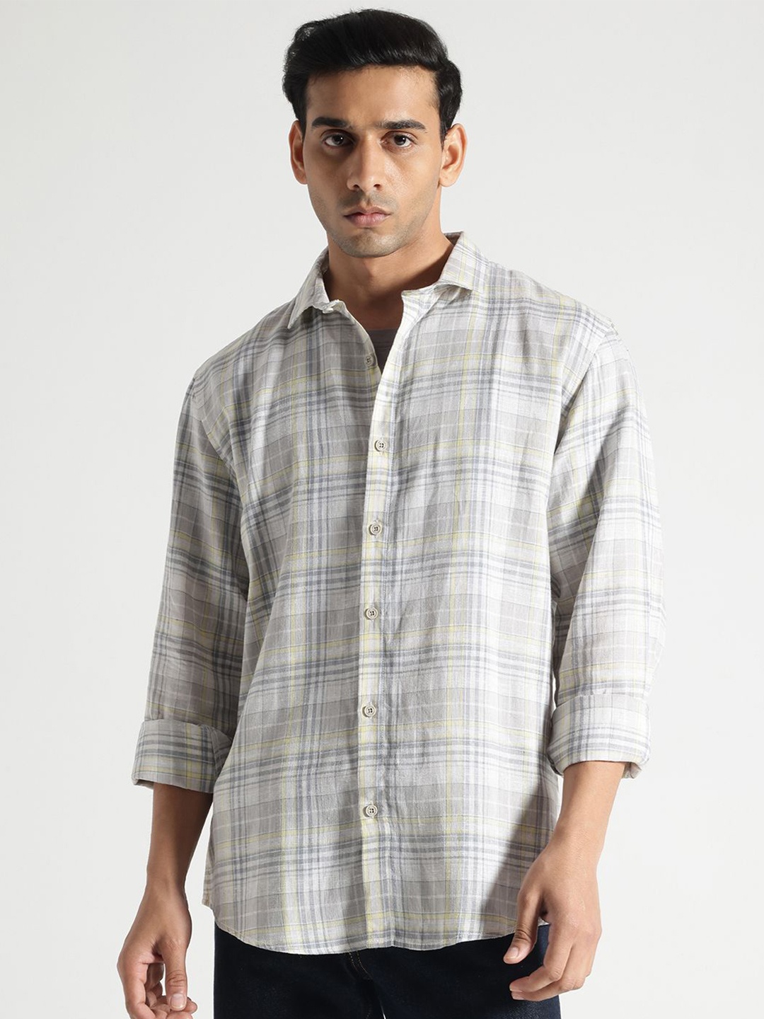 

Code 61 Men Standard Slim Fit Tartan Checks Opaque Checked Casual Shirt, Grey