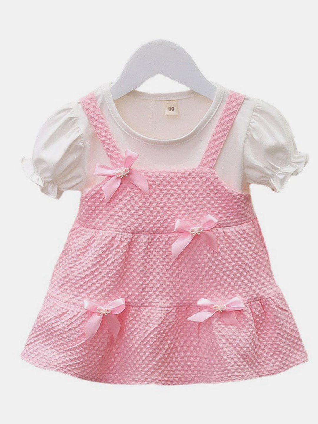 

YK Girls Self Design Bow Detail Cotton Fit and Flare Dress, Pink