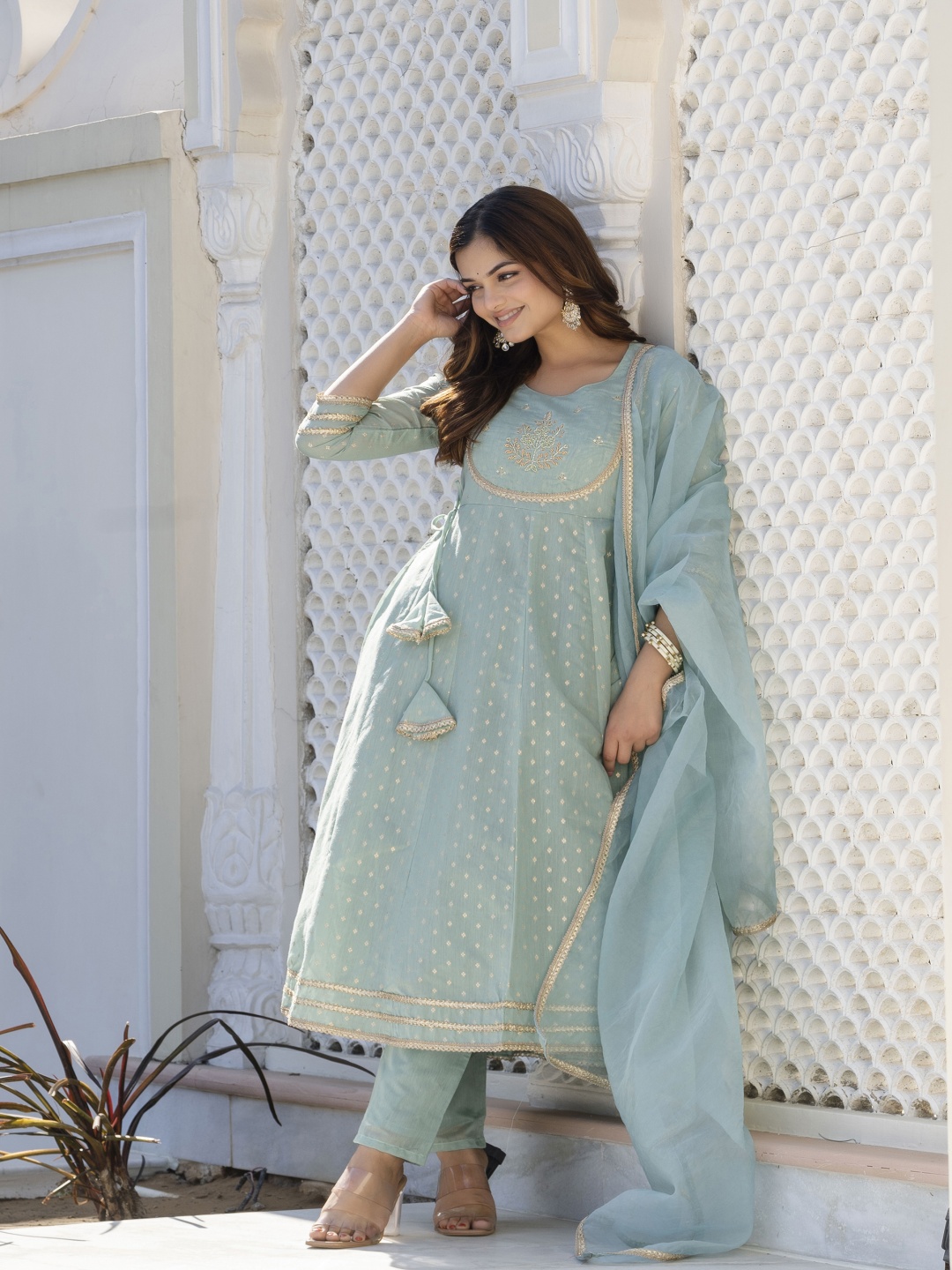 

Anouk Blue Ethnic Motifs Woven Chanderi Silk Anarkali Kurta With Trouser And Dupatta