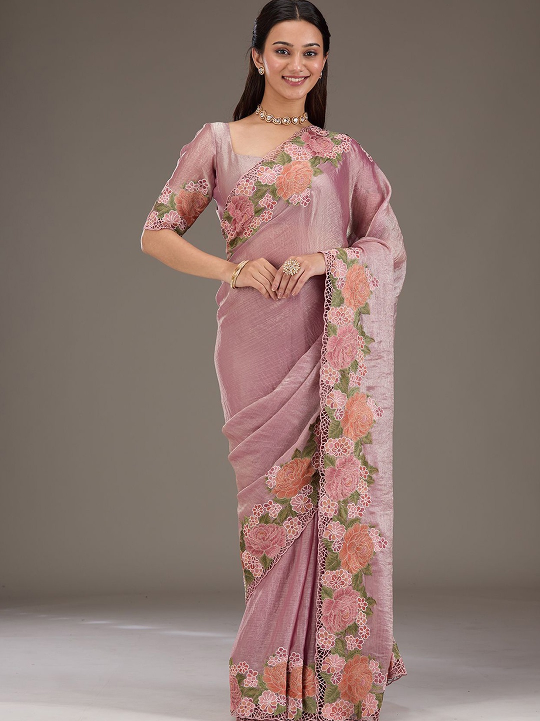 

Koskii Floral Printed Embroidered Pink Threadwork Tissue Saree