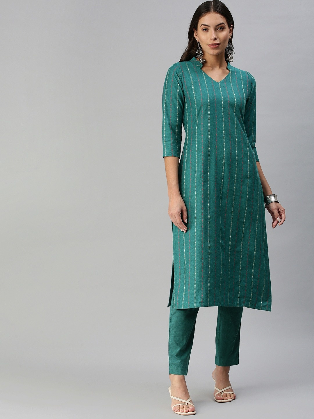 

Fourleaf Women Striped Regular Thread Work Kurta with Trousers, Turquoise blue