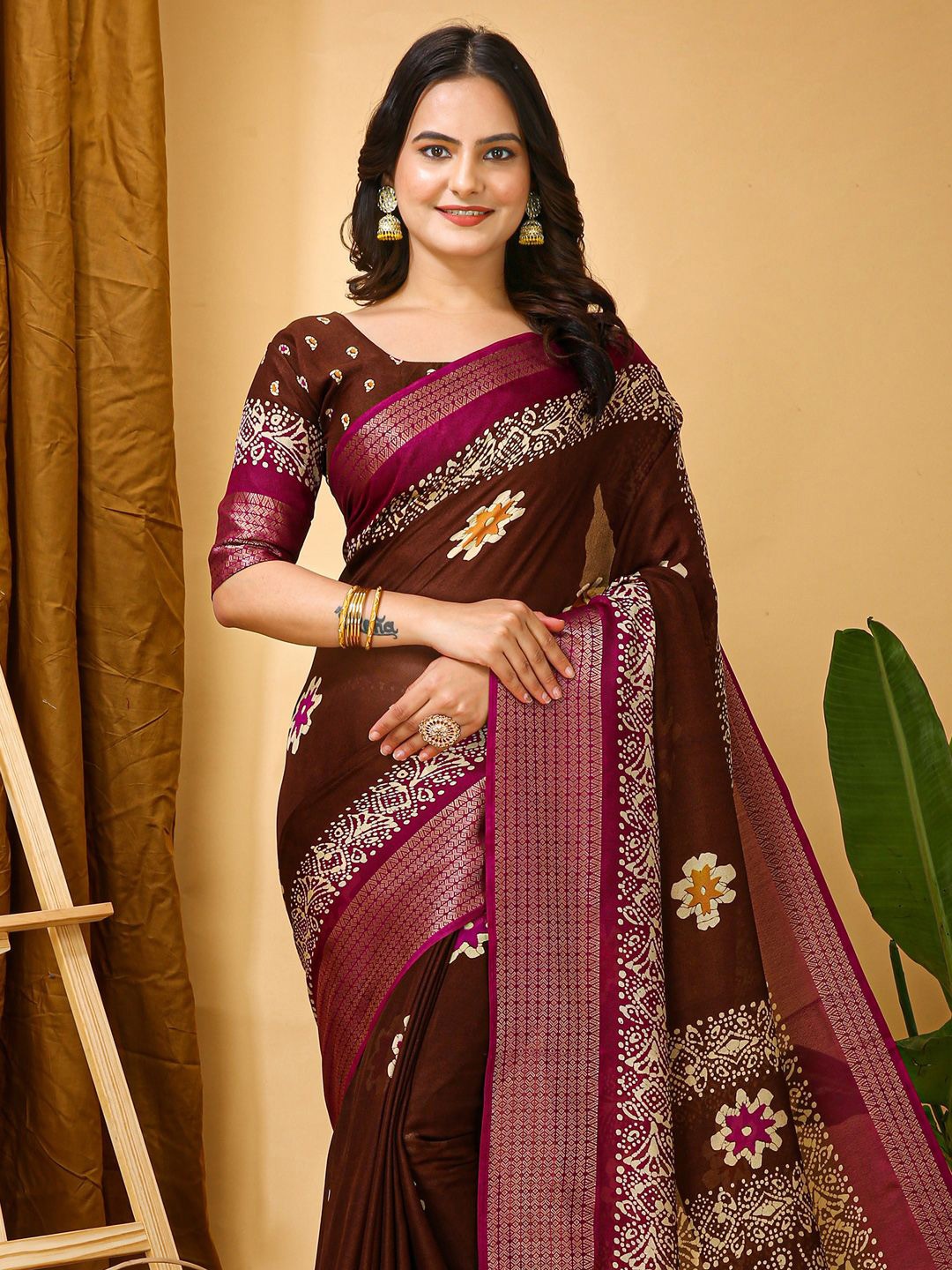 

Anouk Rustic Ethnic Motifs Zari Silk Blend Sungudi Saree, Brown