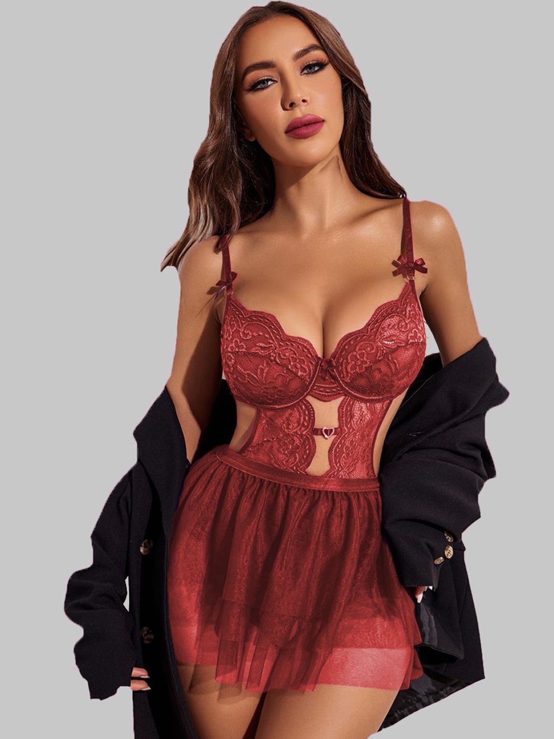 

FIMBUL Women Self Design Net Baby Doll, Maroon