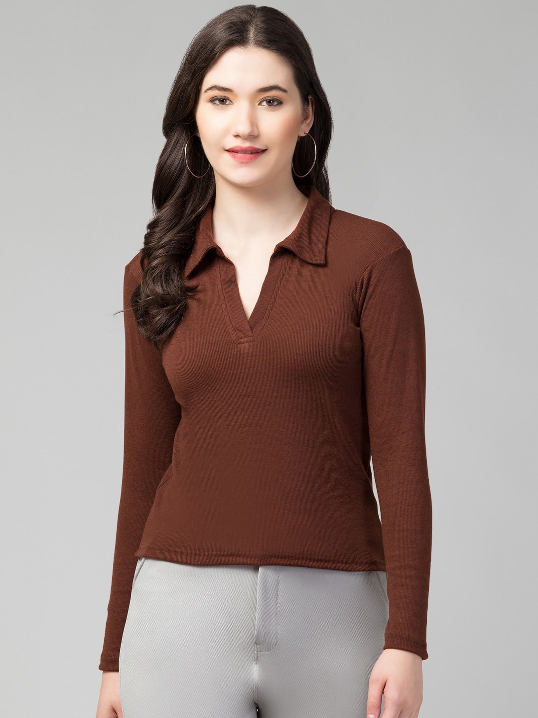 

Swaggish Applique Shirt Style Top, Brown