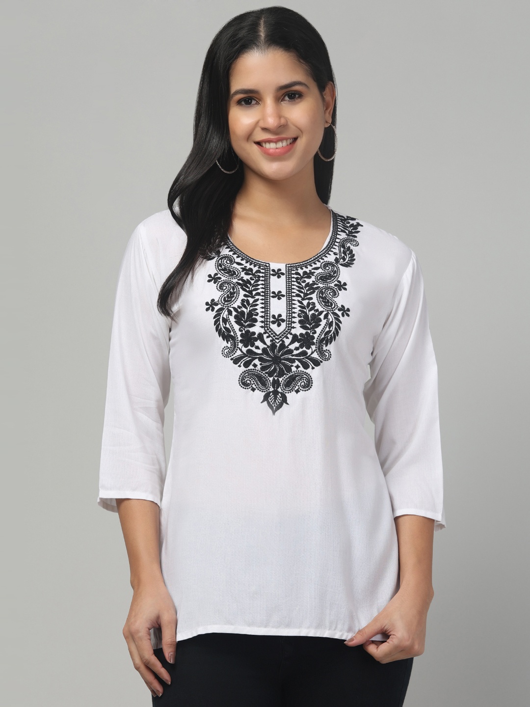 

Trend Level Floral Embroidered Kurti, White