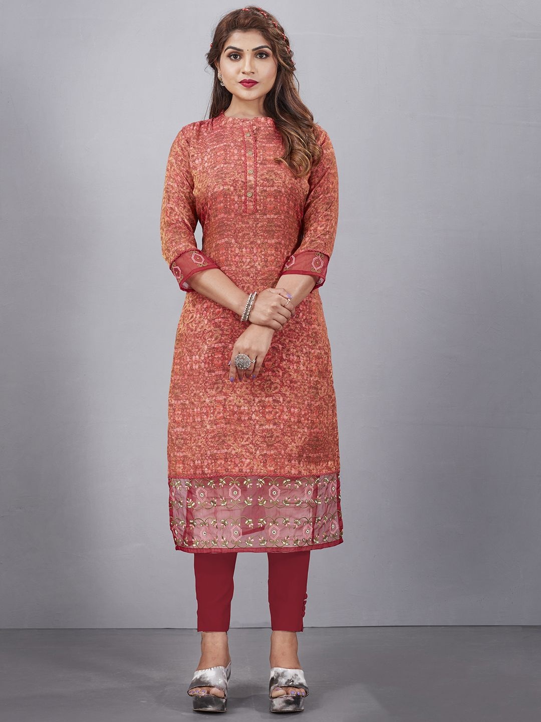

Krimmple Ethnic Motifs Printed Mandarin Collar Pure Silk Straight Kurtas, Rust