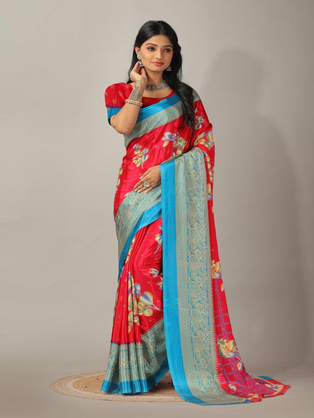 

A.V.M. SILK MILLS Floral Printed Zari Woven Design Pure Crepe Saree, Rose