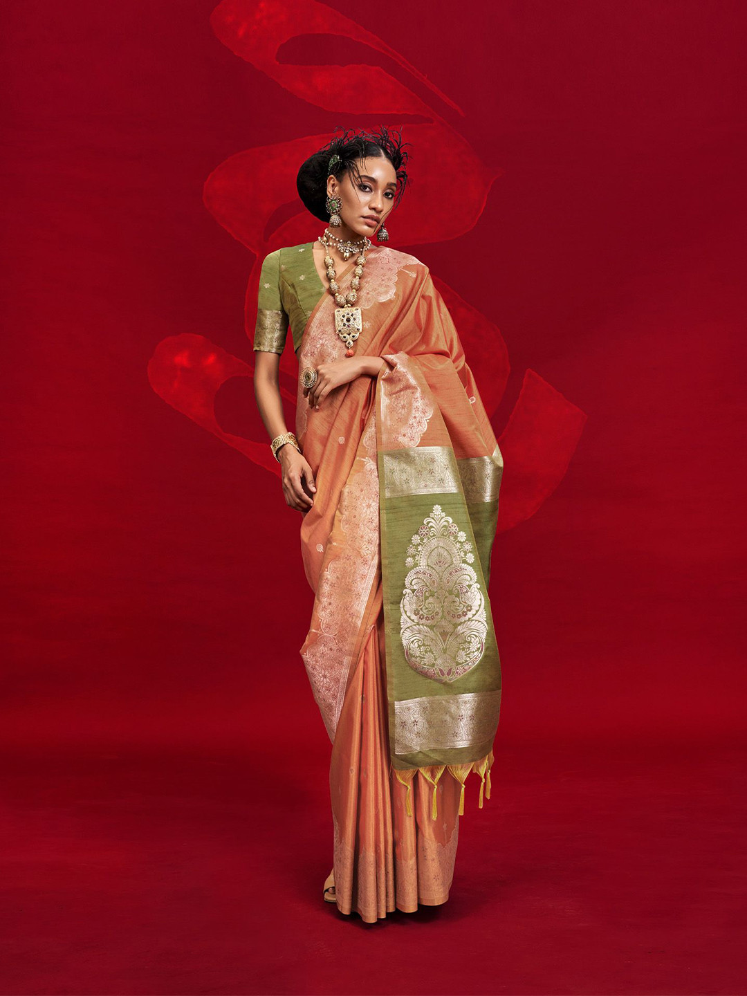 

elora Woven Design Silk Blend Designer Banarasi Saree, Orange