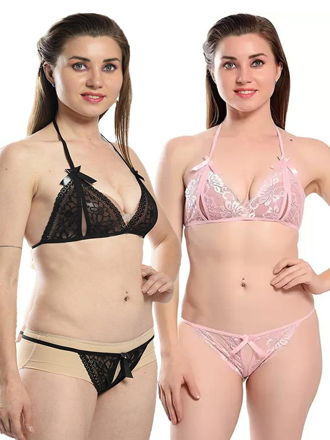 

chia fashions Pack Of 2 Non Padded Lingerie Set, Black