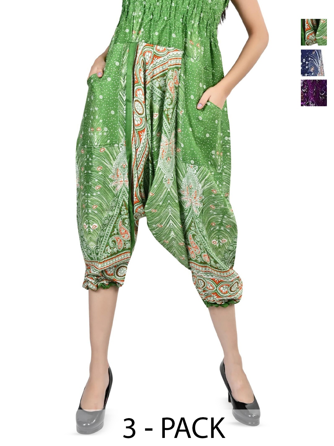 

NarNari Women Pack Of 3 Printed High-Rise Harem Pants, Green