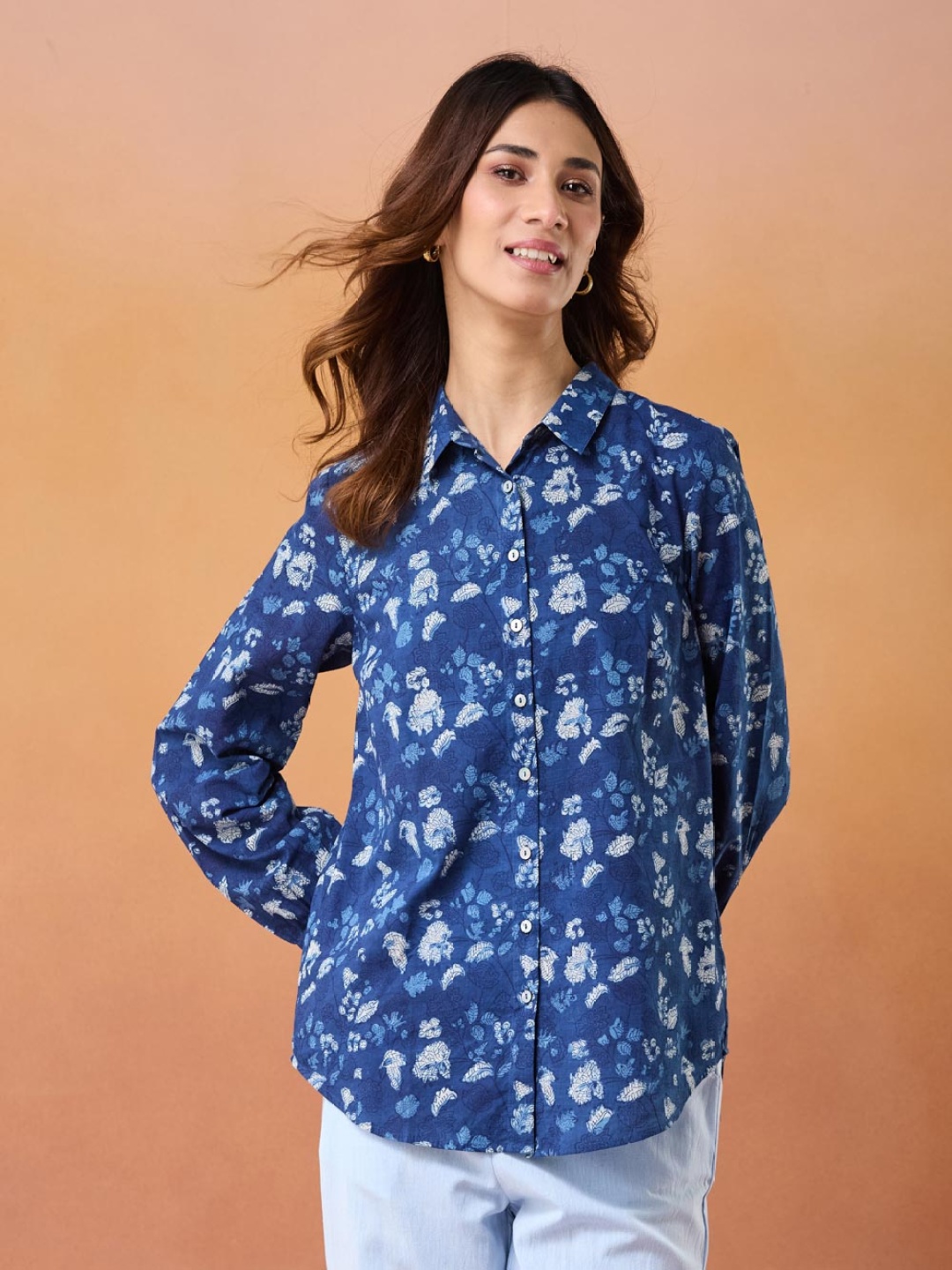 

Fabindia Women Spread Collar Floral Printed Cotton Casual Shirt, Navy blue
