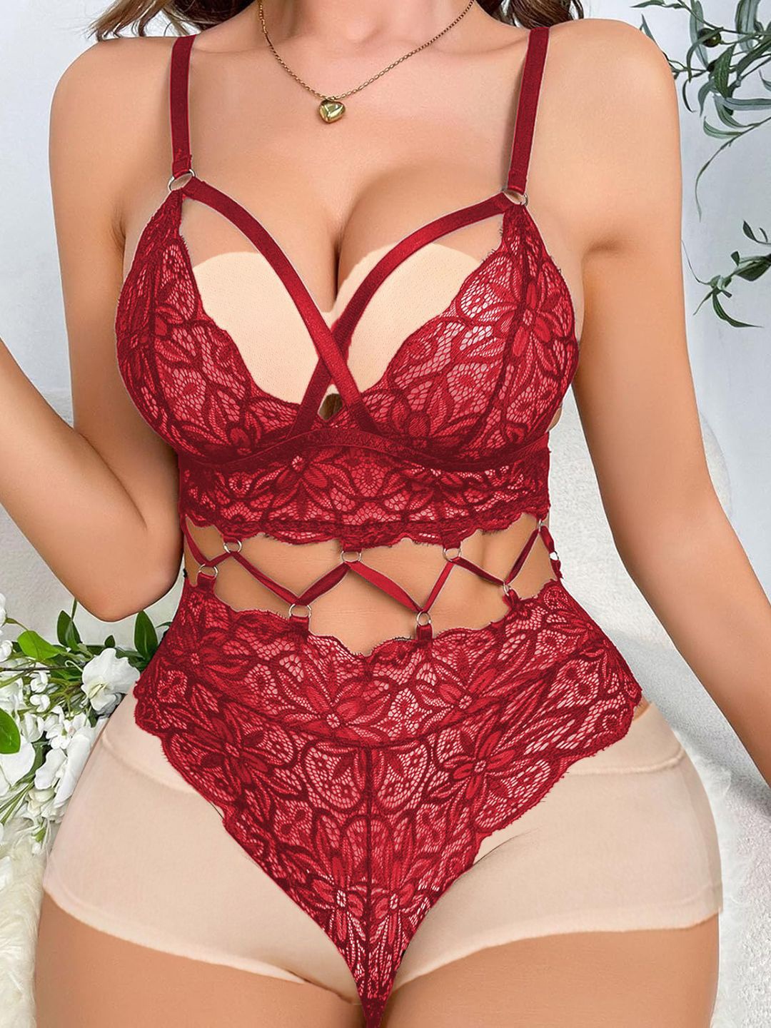 

KRENOZ Non-Removable Split Crotch One-Piece Lace Babydoll, Red