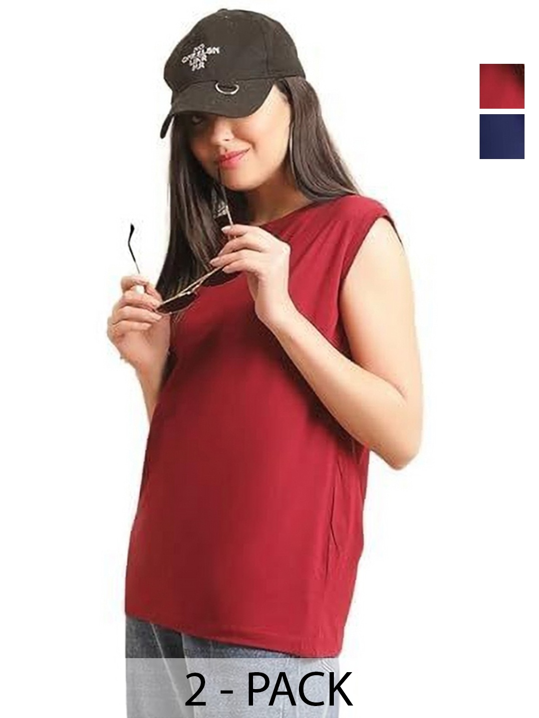 

NOTWILD Women Pack Of 2 Solid Round Neck Cotton T-shirts, Maroon
