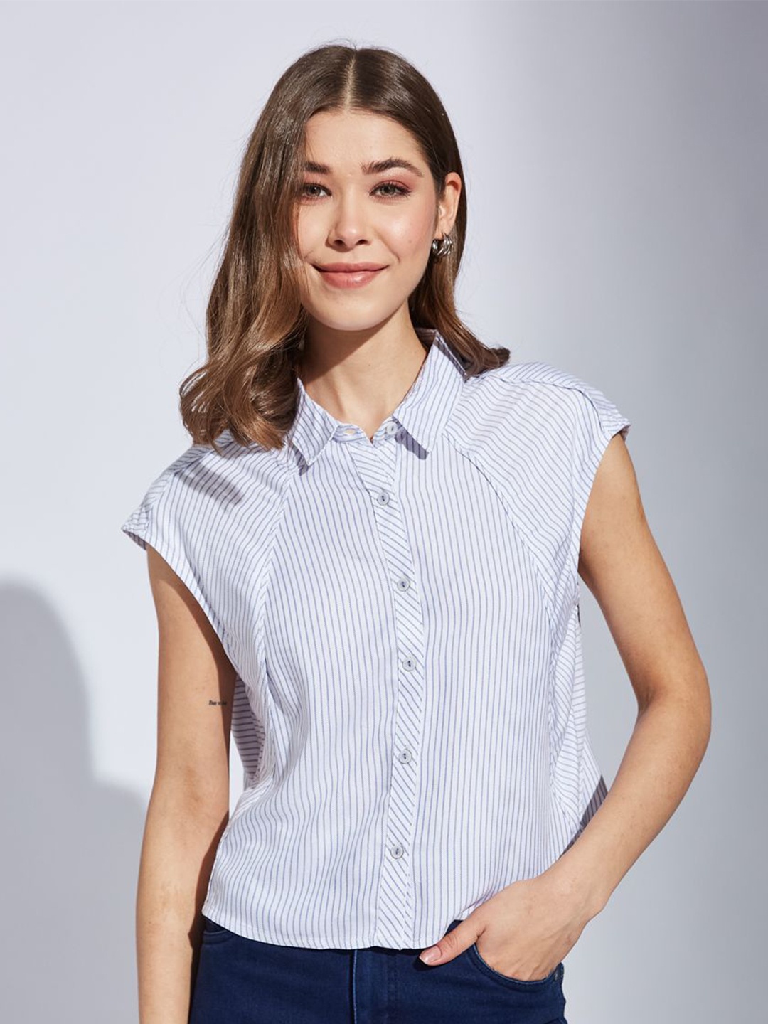 

Latin Quarters Women Spread Collar Vertical Striped Casual Shirt, White