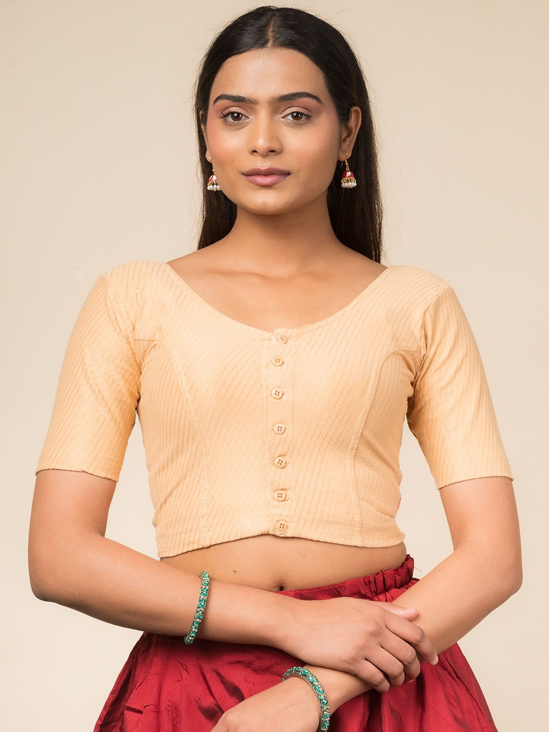 

Bindigasm's Advi Women Cotton Dobby Stretchable Saree Blouse, Beige
