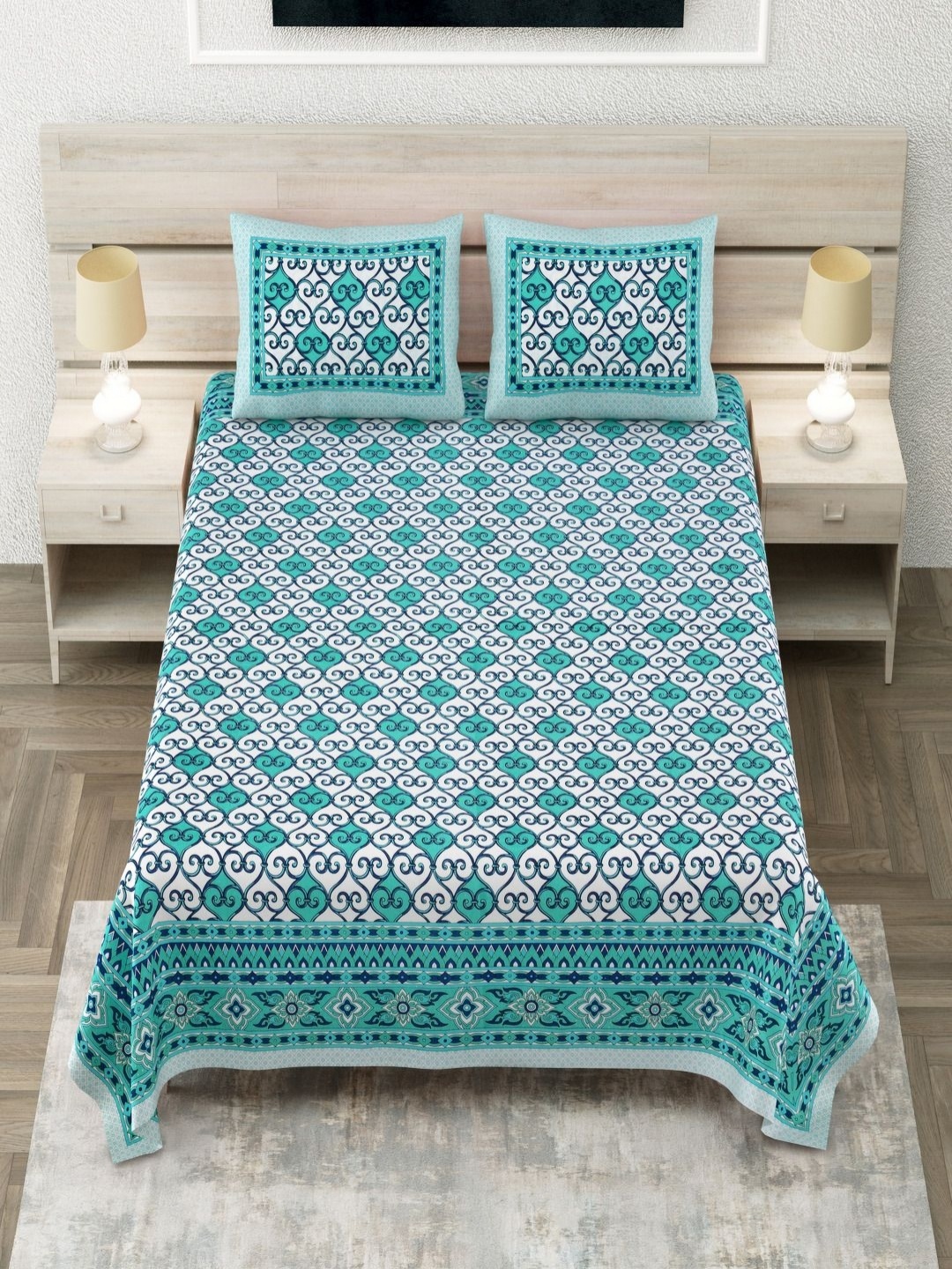 

Aapno Rajasthan Blue & White Floral Printed Cotton 144 TC King Bedsheet Set 2.74m x 2.74m, Turquoise blue