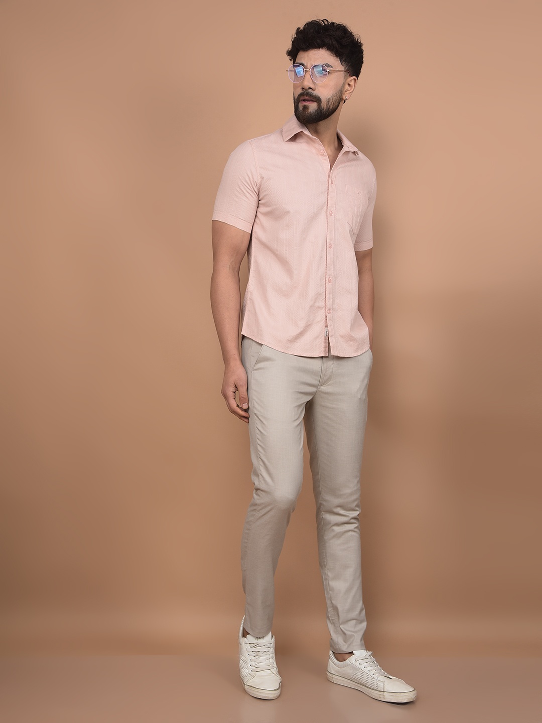 

Crimsoune Club Men Premium Slim Fit Spread Collar Solid Cotton Casual Shirt, Peach