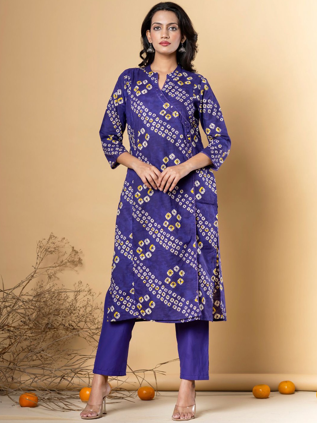 

Readiprint Bandhani Printed Mandarin Collar Thread Work Pure Cotton Kurta With Trouser, Violet