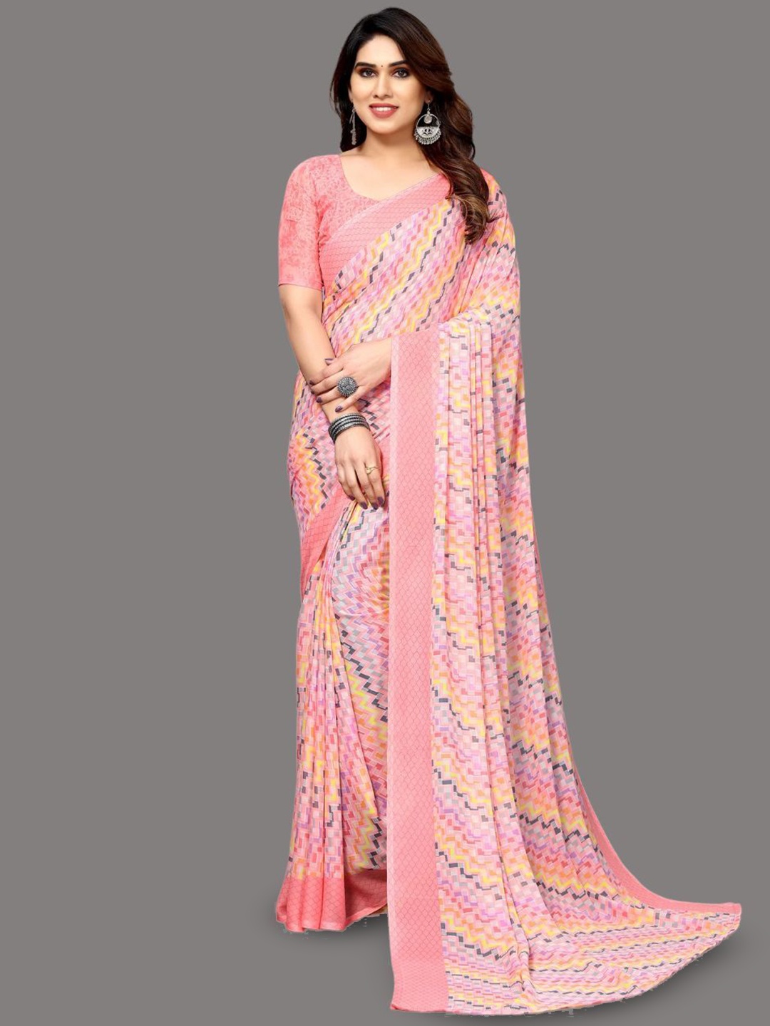 

HERE&NOW Poly Georgette Saree, Pink