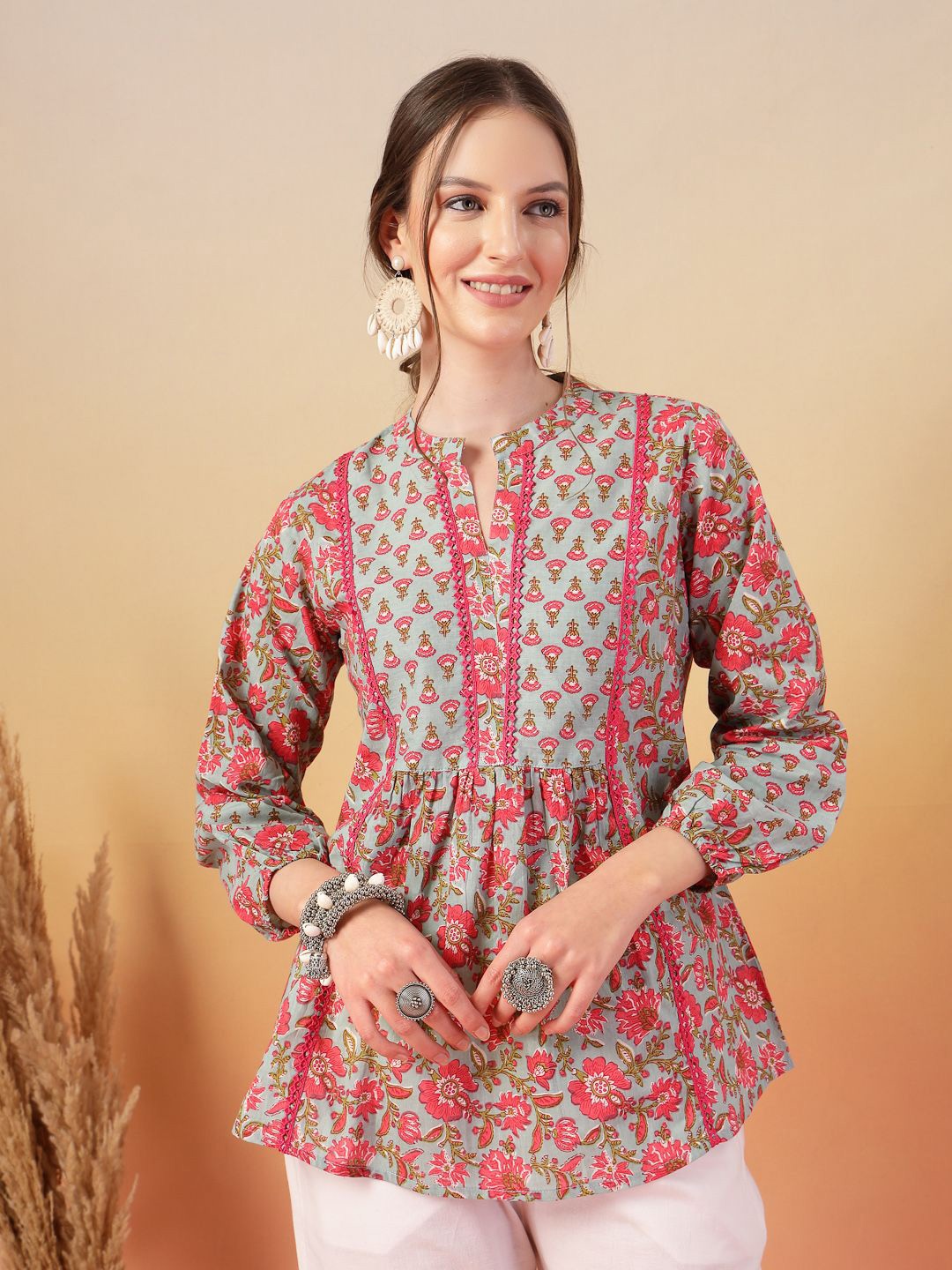 

Stylum Women Floral Printed Mandarin Collar Bishop Sleeves Cotton Empire Top, Turquoise blue