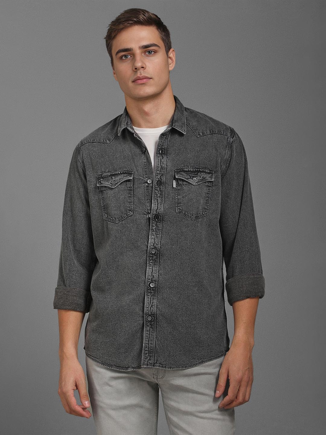 

Louis Philippe Jeans Men Spread Collar Faded Cotton Casual Shirt, Charcoal