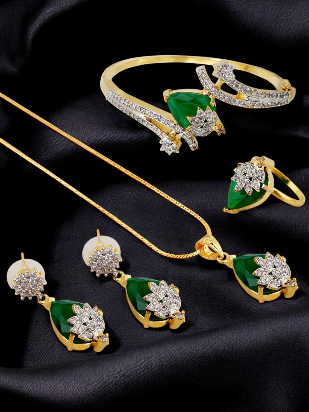 

LUCKY JEWELLERY Gold Plated AD Stone Studded Necklace With Earrings, Ring & Bracelet