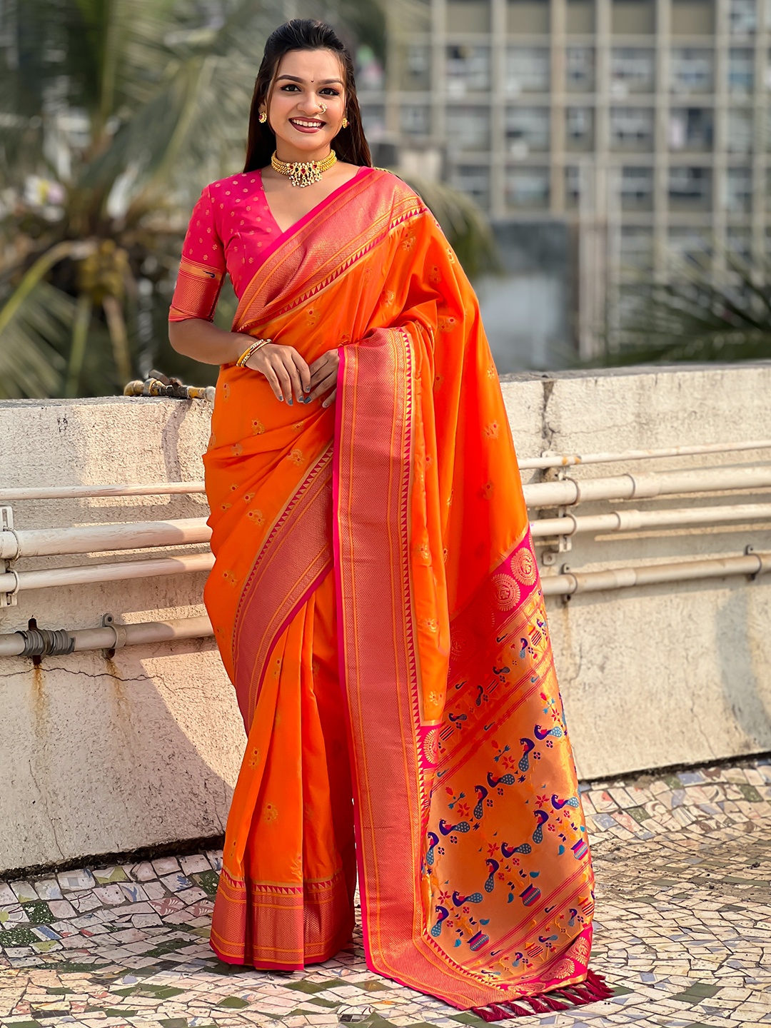

Mitera Woven Design Zari Paithani Saree, Orange