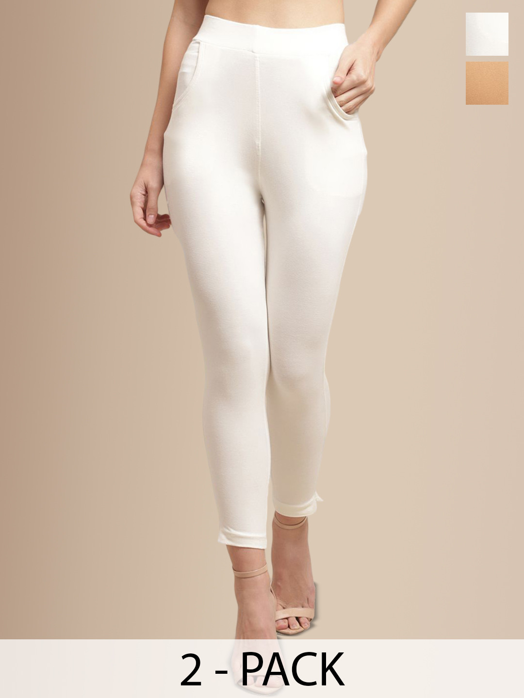 

Valles365 by S.C. Pack Of 2 Women Cotton Ankle-Length Leggings, Beige