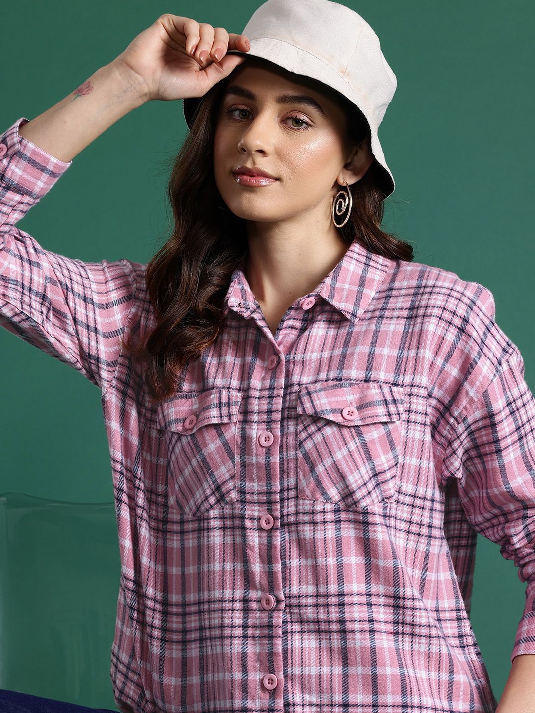 

DressBerry Women Classic Relaxed Fit Spread Collar Tartan Checked Cotton Casual Shirt, Pink