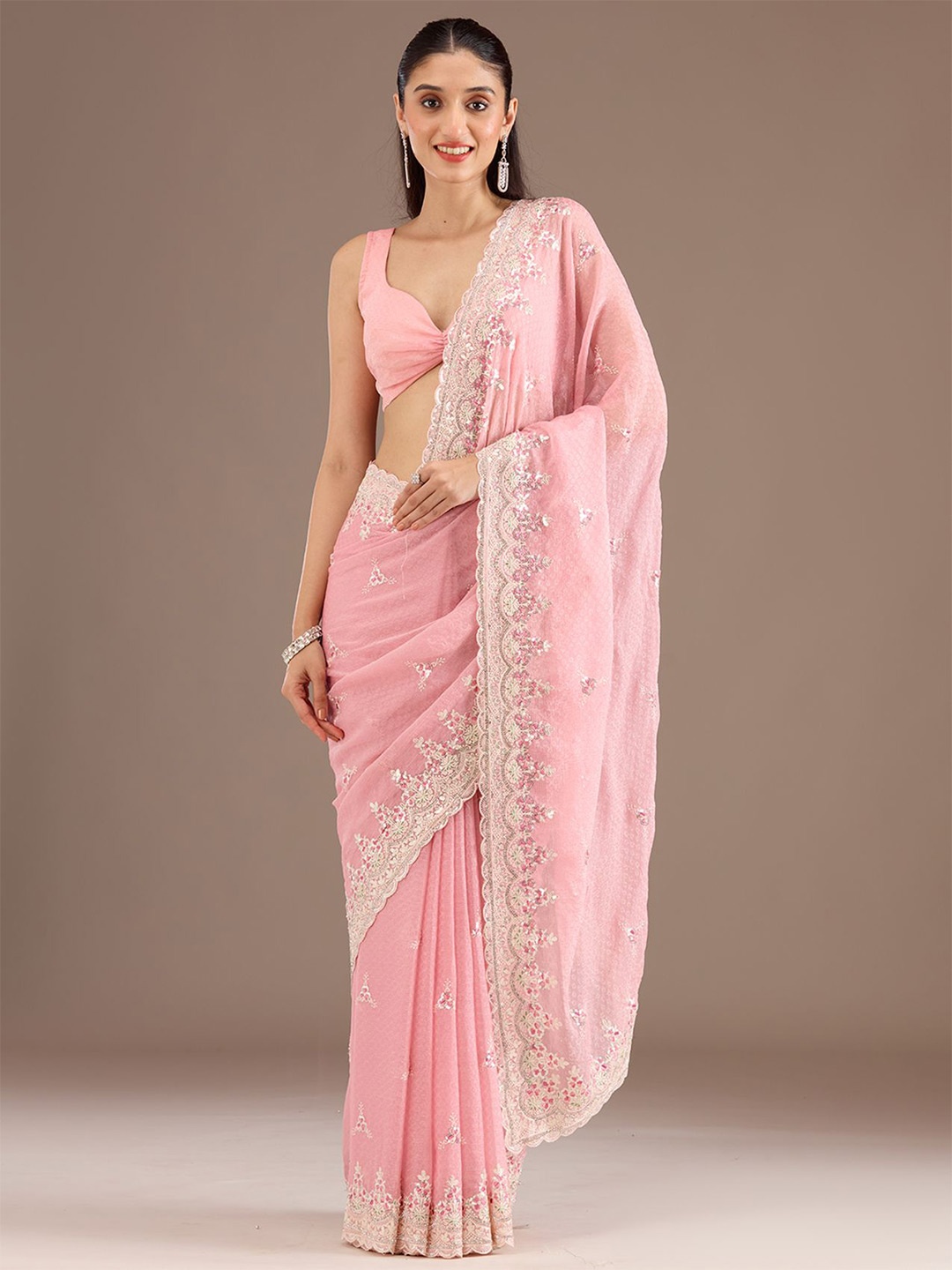 

Koskii Heavy Work Pink Embellished Chiffon Saree