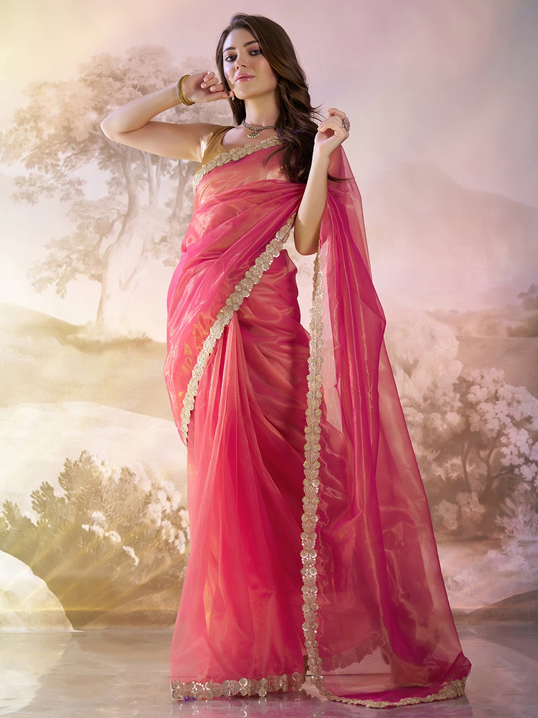 

Mitera Sequinned Organza Saree, Pink