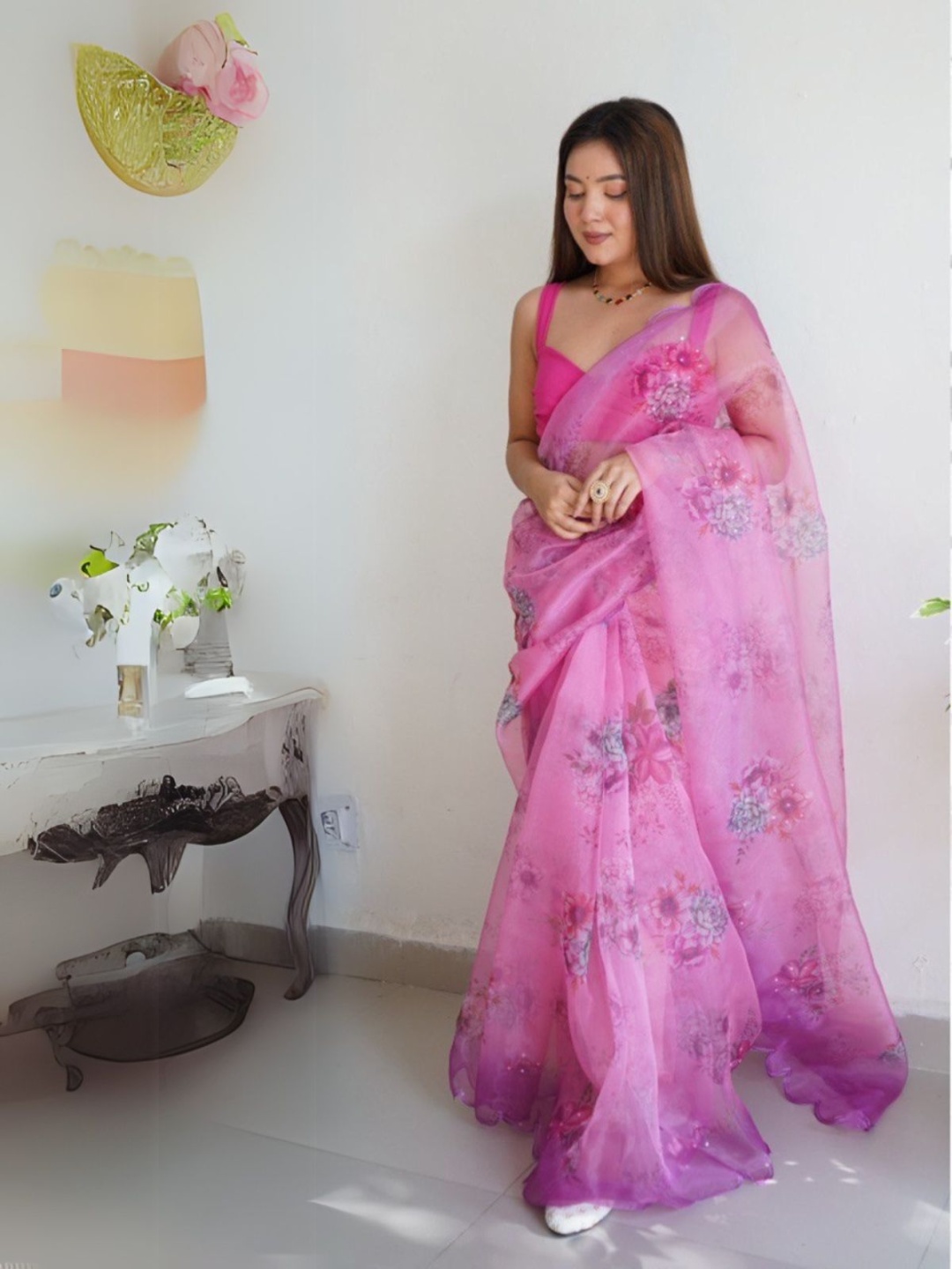 

ODETTE Floral Organza Saree, Pink