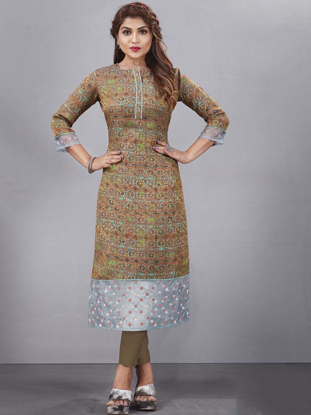 

Krimmple Ethnic Motifs Printed Pure Silk Straight Kurtas, Green