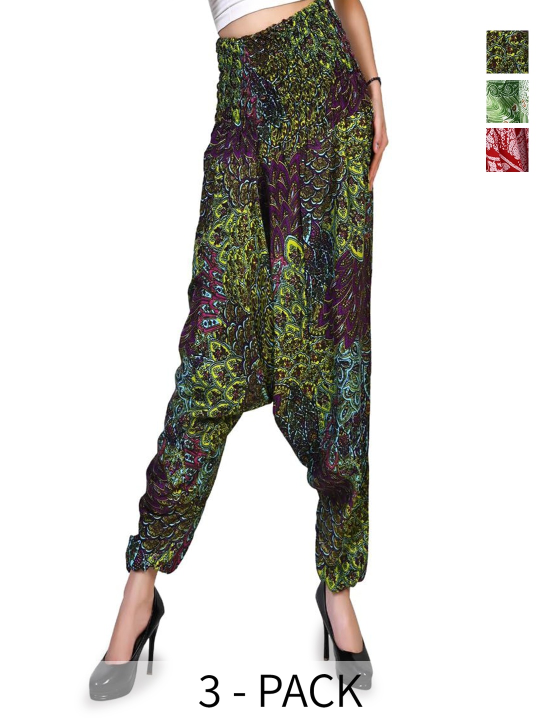 

NarNari Women Pack Of 3 Printed Mid-Rise Harem Pants, Green
