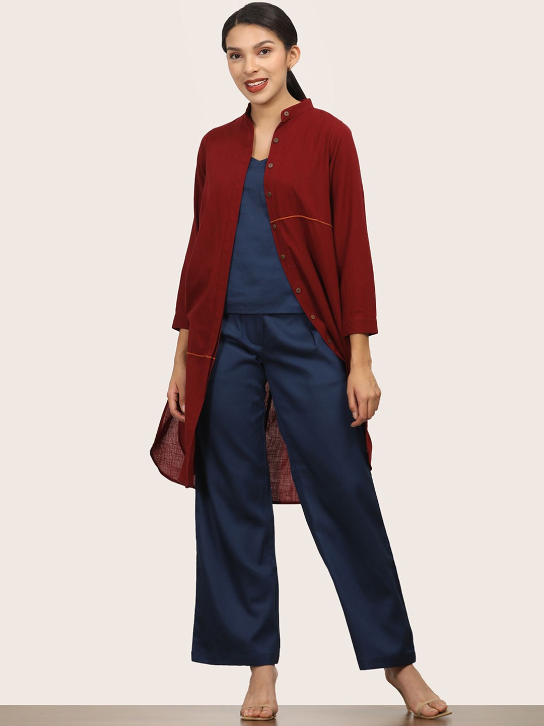 

Saltpetre Women Maroon Mandarin Neck & Navy Slip Top With Pants Co-Ord Set