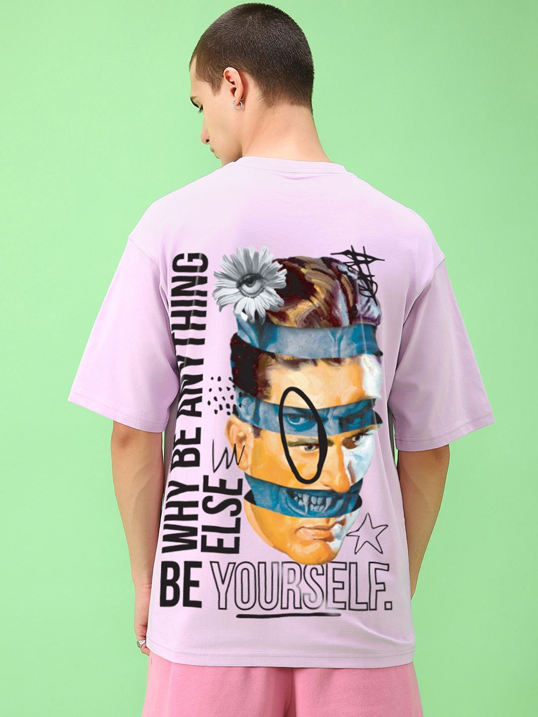 

Bewakoof Men Graphic Printed Round Neck Cotton Oversized T-shirt, Lavender