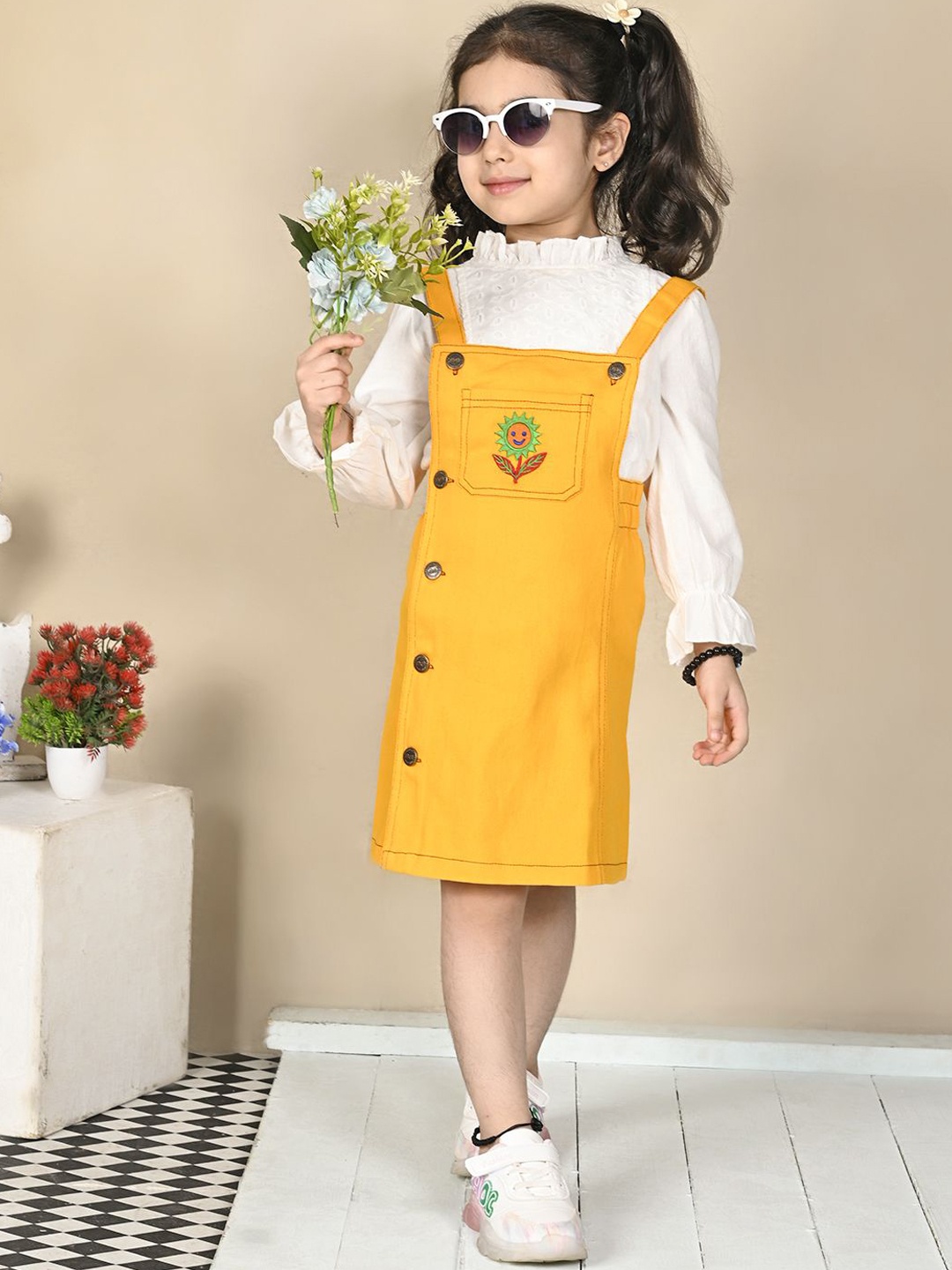 

Superminis Girls Embroidered Cotton Dungaree, Yellow