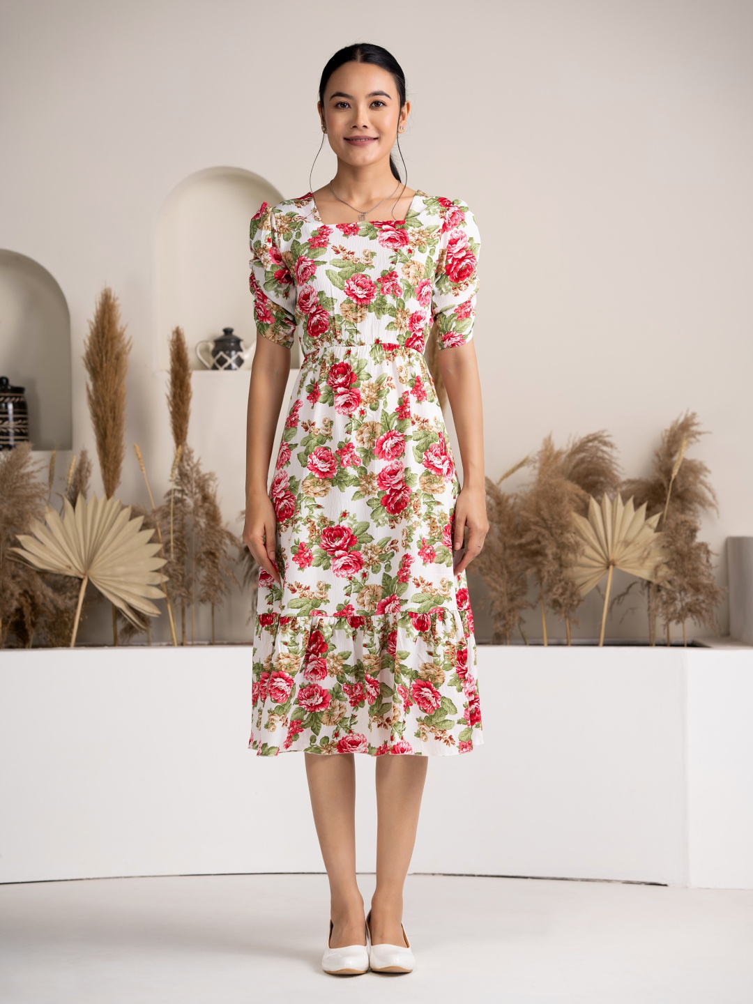 

DressBerry Floral Printed Puffed Sleeve Crepe Fit & Flare Midi Dress, White