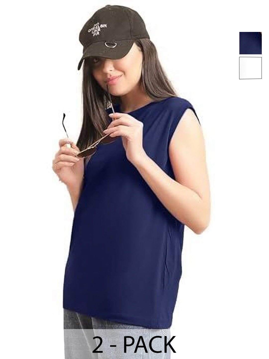

NOTWILD Women Pack Of 2 Solid Sleeveless Cotton T-shirts, Navy blue