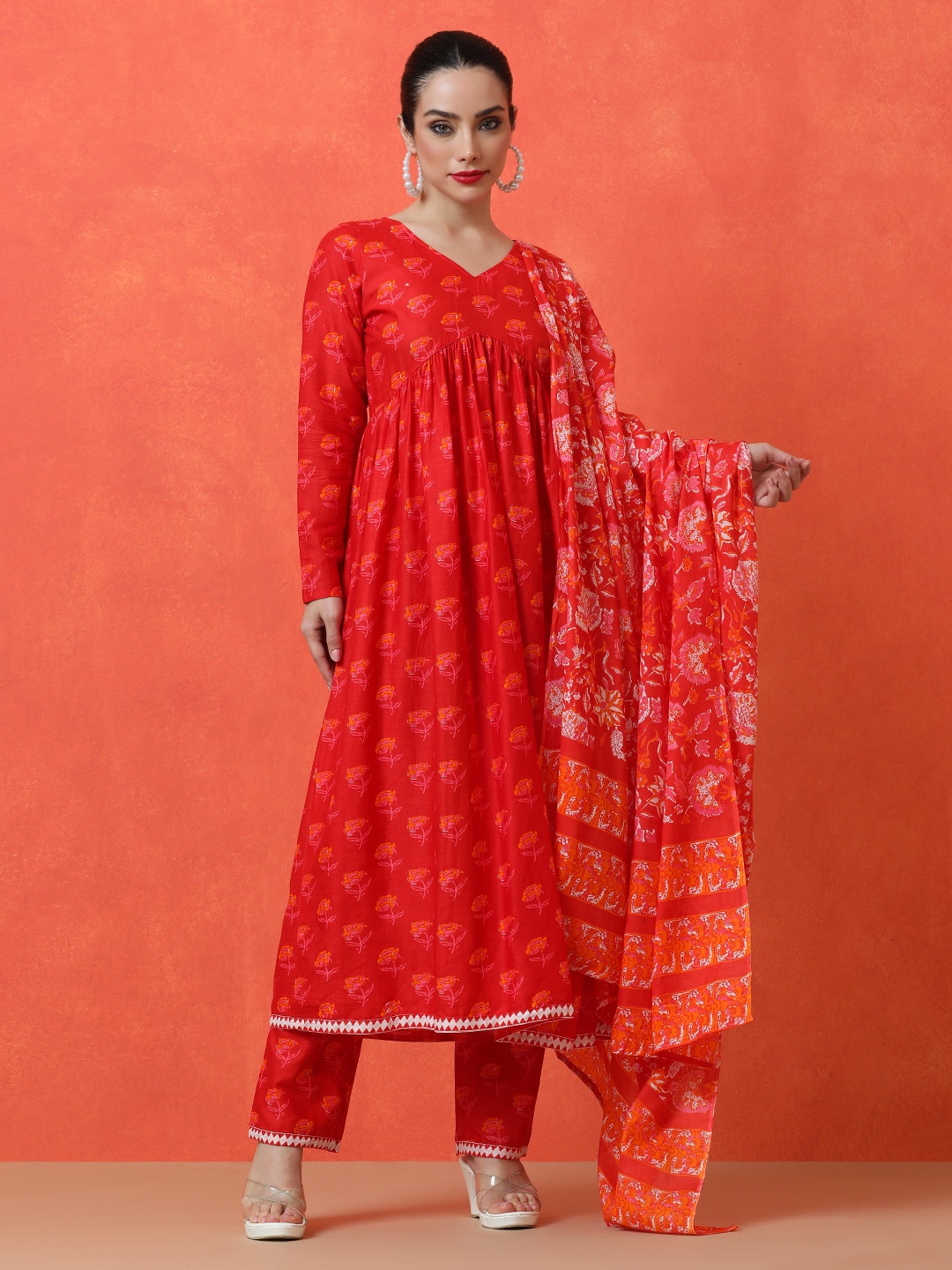 

Jaipur Kurti Floral Printed V-Neck Pure Cotton Empire Kurta With Trousers And Dupatta, Red
