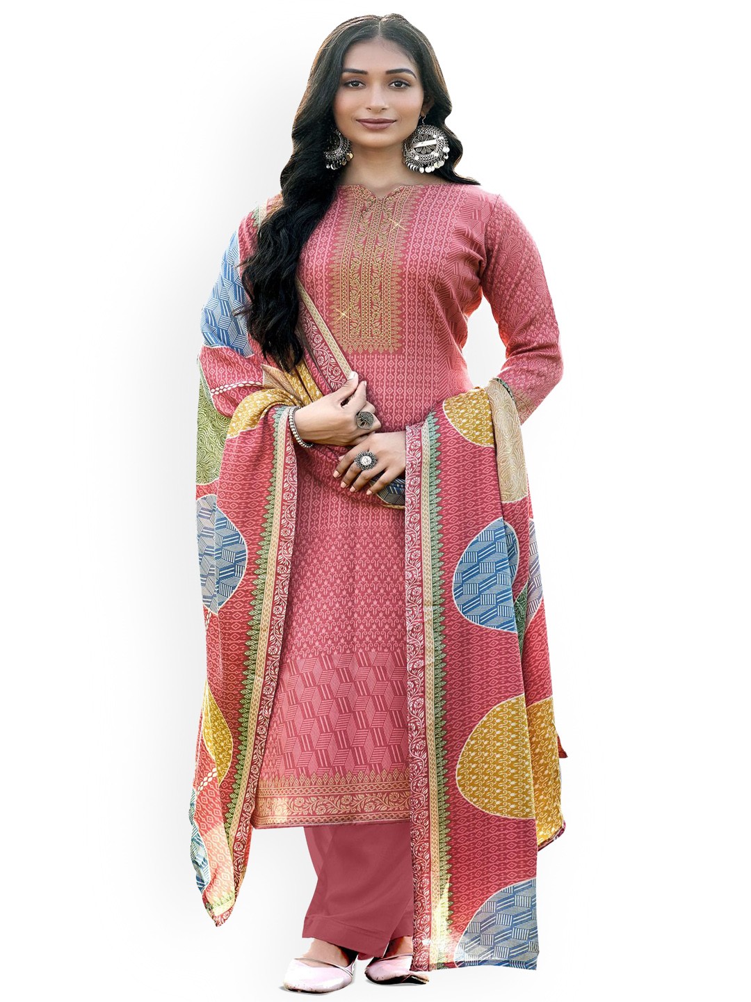 

DRAVINAM Trends Ethnic Motifs Printed Unstitched Dress Material, Pink