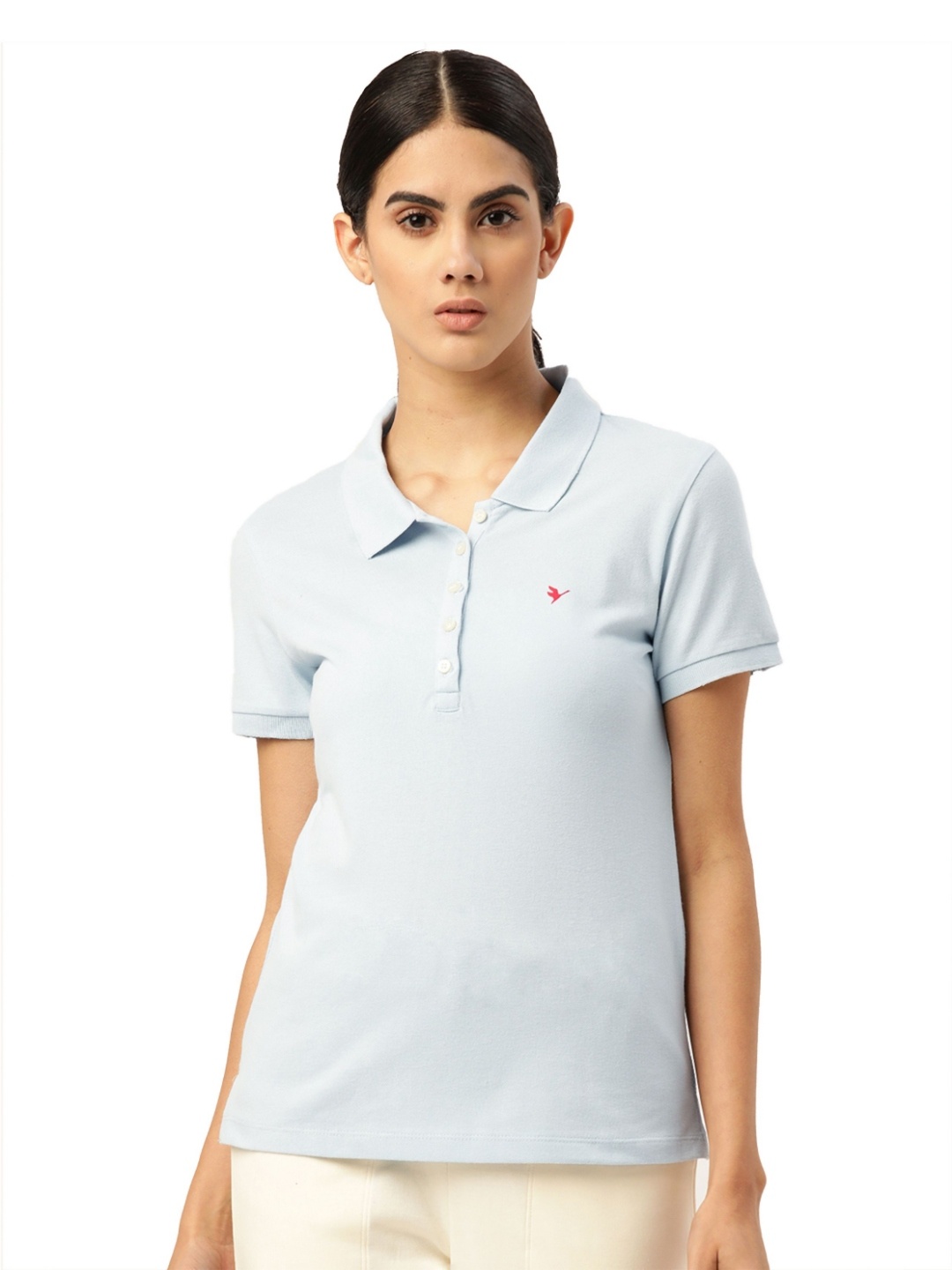 

AMSWAN Women Solid Polo Collar Cotton T-shirt, Blue