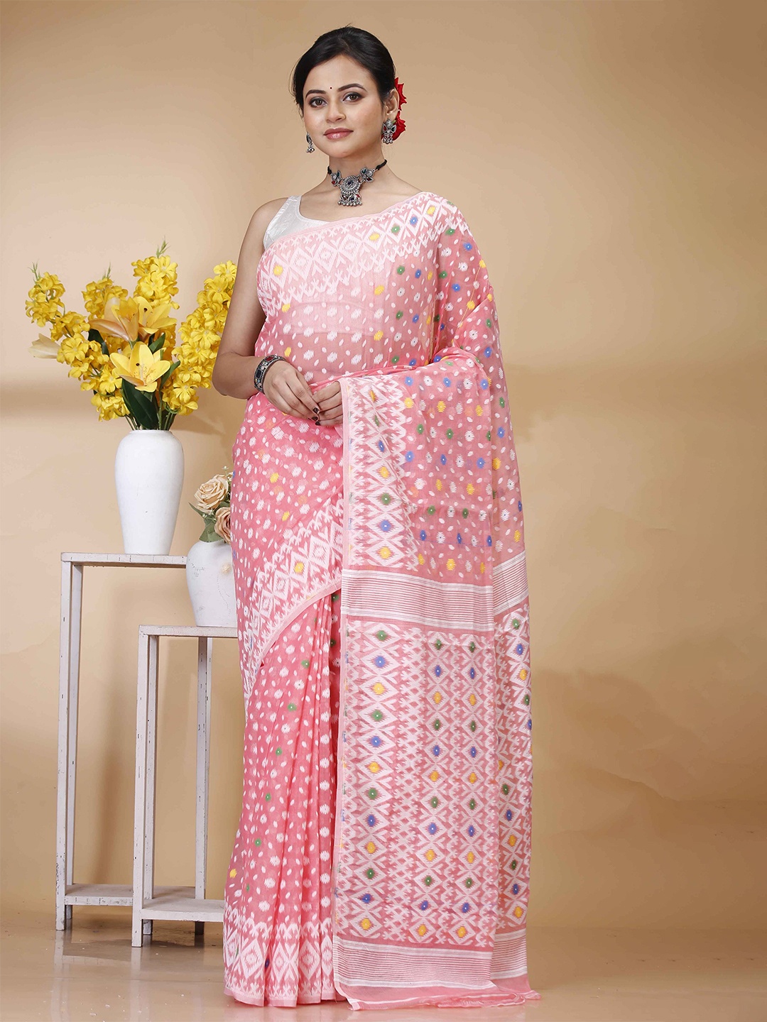 

SRILOK Woven Design Zari Pure Cotton Jamdani Saree, Pink