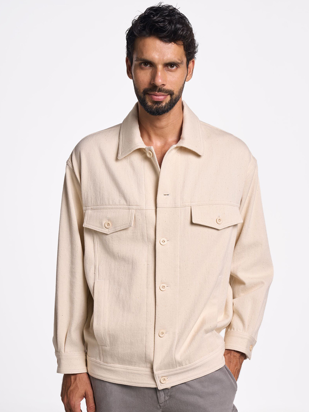 

Terra Luna Men Colourblocked Cotton Sporty Jacket with Embroidered, Cream